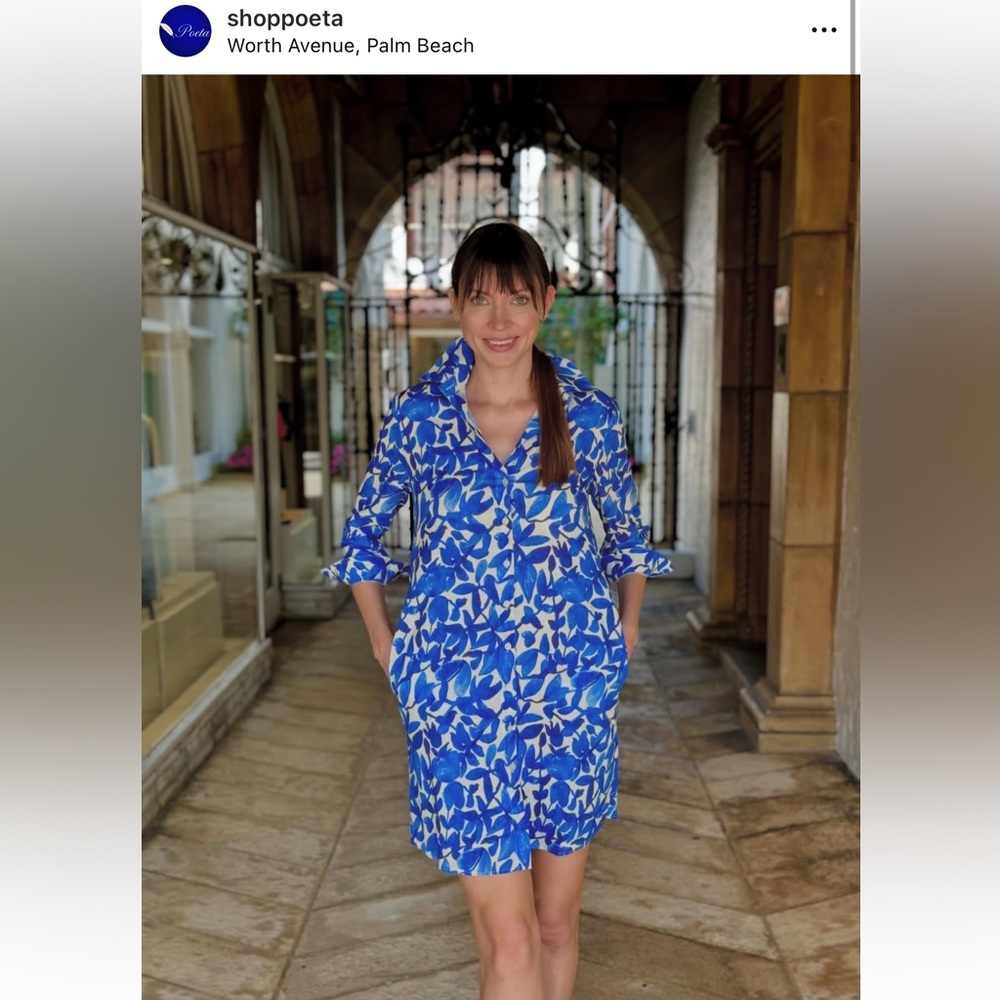 Poeta Blue and White Floral Cover Up Botton Dress Long Sleeve 100% Cotton Size M